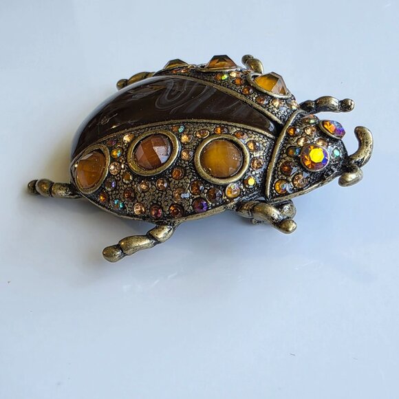 Ladybug Beetle Bug Brooch Brown Amber Aurora Rhinestone Vtg Insp Statement - Picture 3 of 5